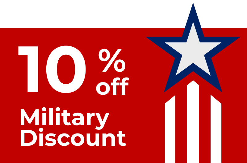 Graphic showing a 10 off military discount with a patriotic star design offering savings for military personnel in Coral Gable Fl Hand It to Us Handyman Services